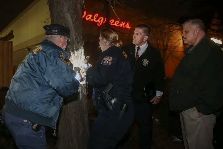 Crime scene unit and detectives pull bullet fragments from a near by tree after and under cover police officer shot a man allegedly attacking her in her car with some kind of brick in the Hunting Park area near Broad Street on Tuesday.