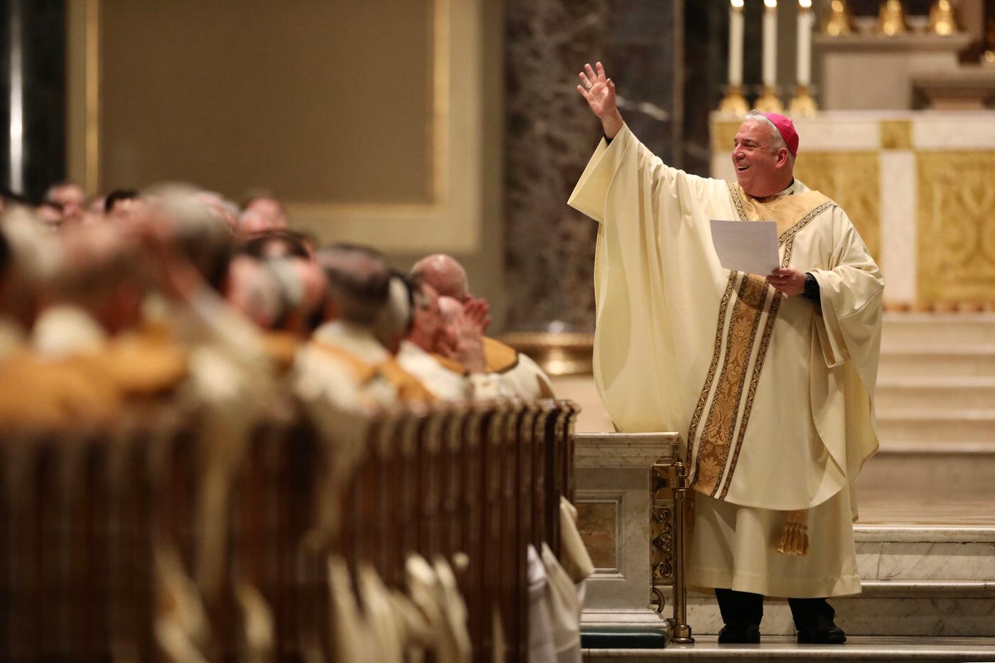 Archbishop Nelson Pérez speaks during his installation Mass at the Cathedral Basilica of SS. Peter and Paul in Philadelphia on Tuesday, Feb. 18, 2020. Pérez, who was most recently the bishop of Cleveland, succeeds Charles Chaput as the archbishop of Philadelphia.