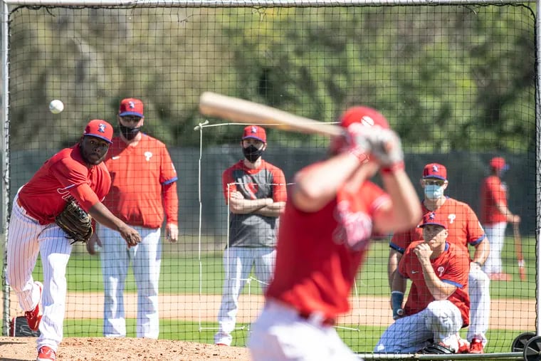 Phillies Hector Neris throws from the mound, during spring training practice in Clearwater, Florida. Friday, February 26, 2021.