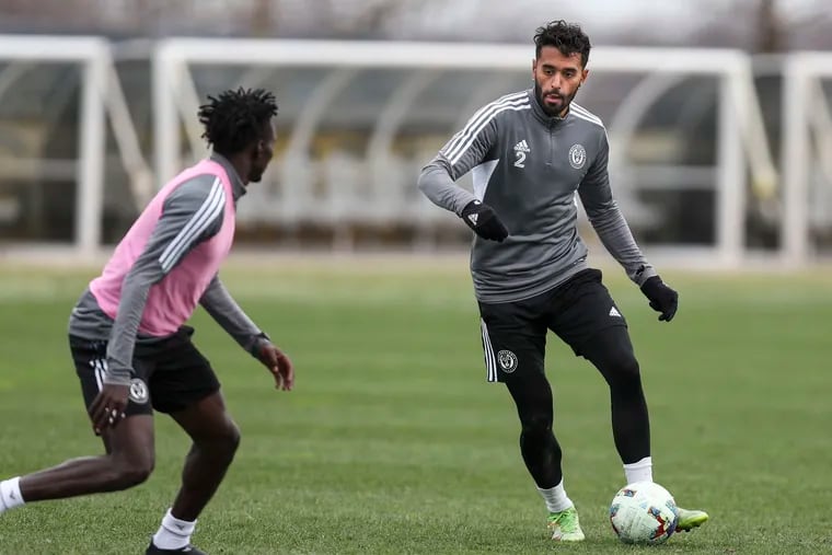 Matt Real (right) at a practice last year. The academy product recently signed a two-year deal to remain with the Union