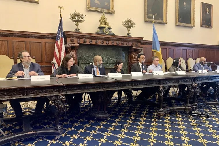 Mayor Jim Kenney's education nominating panel meets on Feb. 12, 2020 to submit 27 names for consideration to the Philadelphia school board. They are, left to right, Peter Gonzales, Maura McCarthy, Derren Magnum, Ivy Olesh, Wendell Pritchett, Michael Mullins, Kimberly Pham and Sean Vereen.