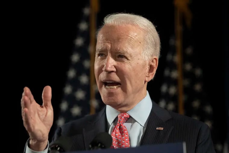 Democratic presidential candidate former Vice President Joe Biden speaks in respond to the Coronavirus Public Health Emergency.during a press conference at the Hotel Du Pont, in Wilmington, DE.