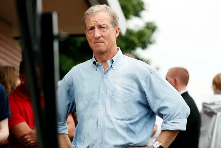 Democratic presidential candidate and businessman Tom Steyer waits to speak at the Des Moines Register Soapbox during a visit to the Iowa State Fair in Des Moines, Iowa in August. Tax records released by Steyer show he made well over a billion dollars over the last decade.