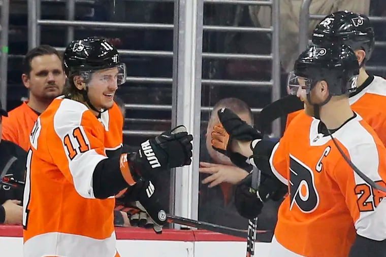 You score one. No, you score one. Been a while since Travis Konecny (left) and Claude Giroux have celebrated a goal -- March 4 for Konecny, March 7 for Giroux to be precise.