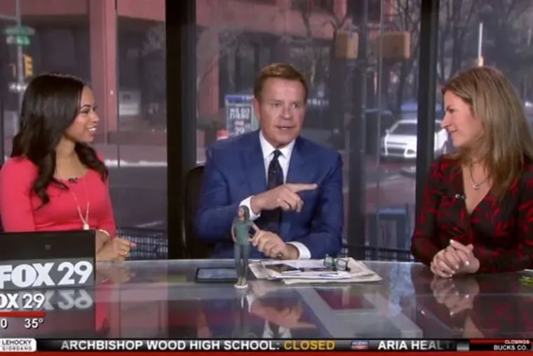 Fox29 Good Day Philadelphia cohost Mike Jerrick was criticized for comments he made on International Women’s Day.  He’s sitting with cohost Alex Holley, left, and anchor/ reporter Karen Hepp, right.