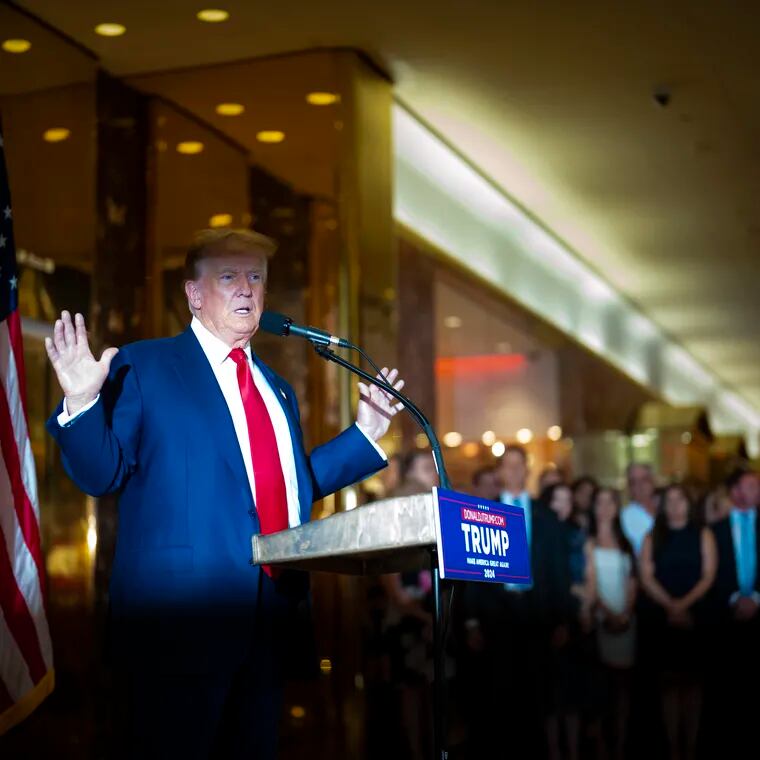 Former President Donald Trump addresses a news conference in the lobby of Trump Tower the day after being found guilty on 34 felony counts of falsifying business records at Manhattan Criminal Court.