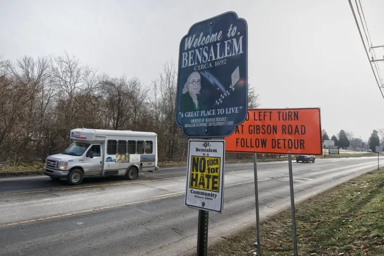 “Welcome to Bensalem,” on Hulmeville Road. The diverse township is considering an immigration partnership that some fear will be divisive.