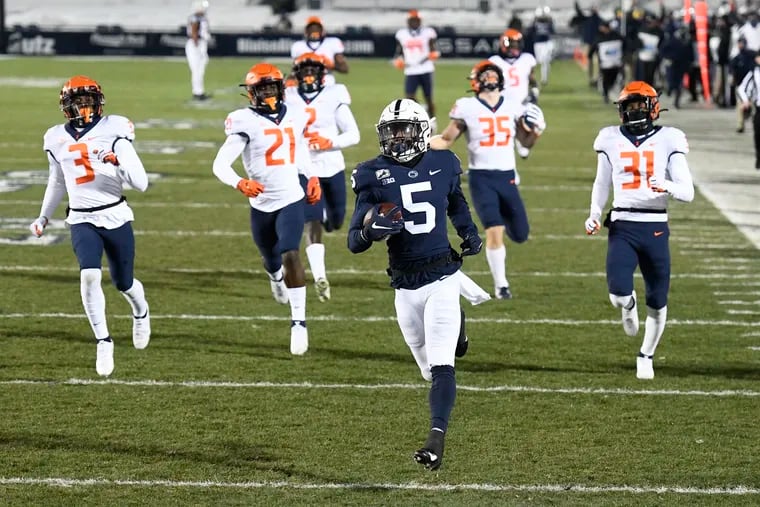 Penn State wide receiver Jahan Dotson (5) scores a touchdown on a 75-yard pass in the first quarter of an NCAA college football game in State College, Pa., on Saturday, Dec. 19, 2020. (AP Photo/Barry Reeger)