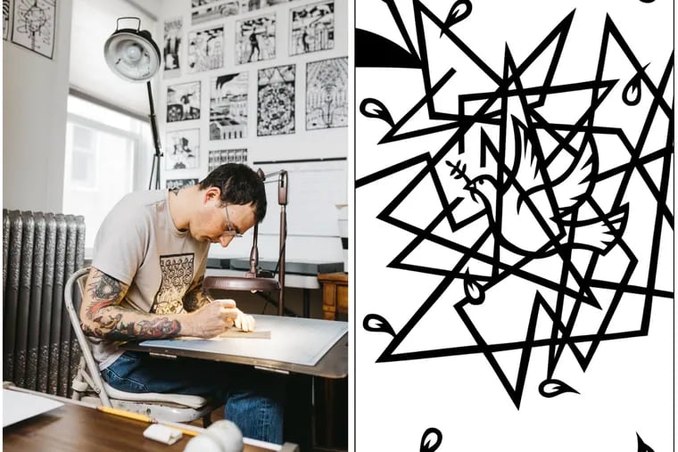 The artist Joe Burochow and a detail from his paper cutout drawing "Wack MCs."