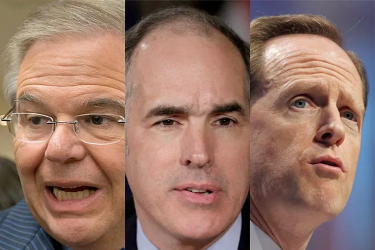 They're not on the ballot, but the stakes are still high on Nov. 4 for U.S. Sens. Bob Menendez (left), Bob Casey (center) and Pat Toomey (right).
