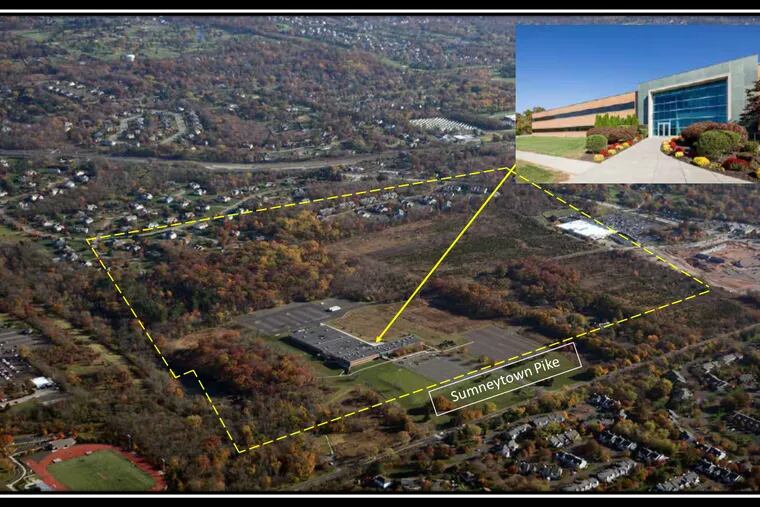 An aerial photo shows the property, along Sumneytown Pike, purchased by Gwynedd Mercy University in 2018. It's now selling that property to Beacon Capital Partners