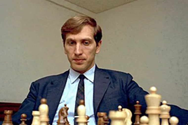 Russian chess grandmasters Boris Spassky, right, and Anatoly
