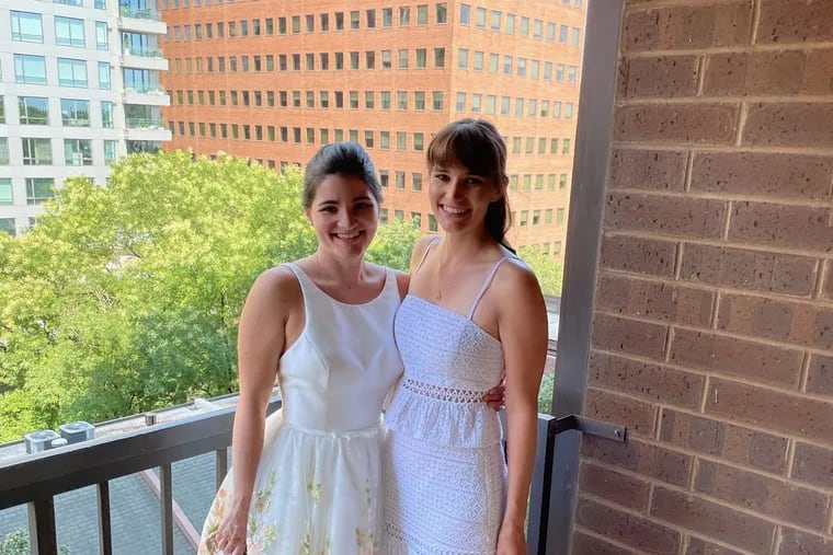 Twins Veronica (left) and Laura shared a bridal shower.  Photo taken on Veronica's balcony.