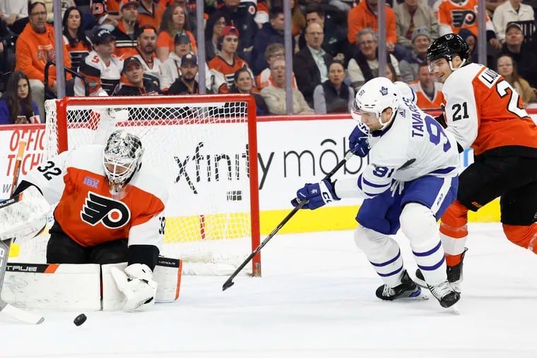 Flyers goalie Felix Sandstrom stopped seven shots in the second period after coming off the bench, but gave up three goals in the third period in the Maple Leafs 6-2 win.