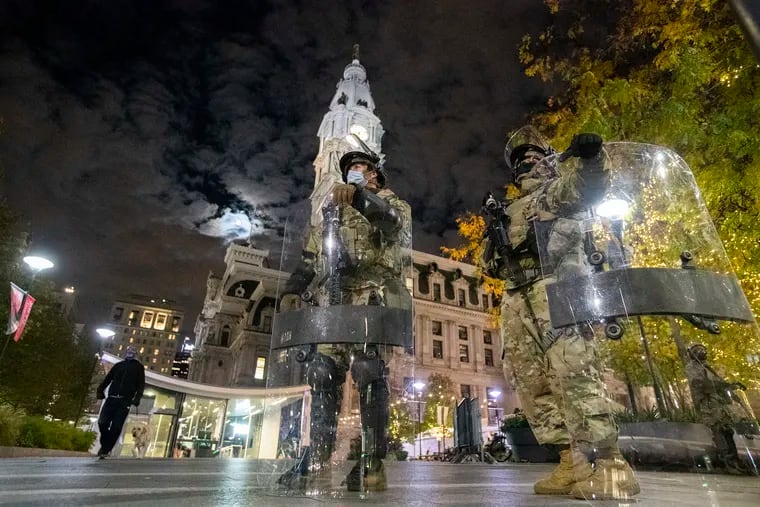 The National Guard outside City Hall in October 2020.