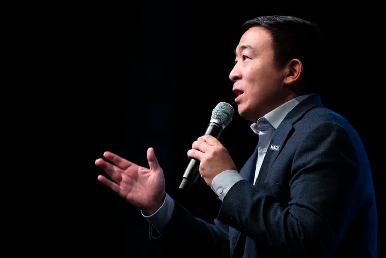 Democratic presidential candidate and entrepreneur Andrew Yang speaks during the New Hampshire Youth Climate and Clean Energy Town Hall, in Concord, N.H. on Feb. 5. Yang recently drew backlash from fellow Asian Americans for urging them to display more “American-ness.”