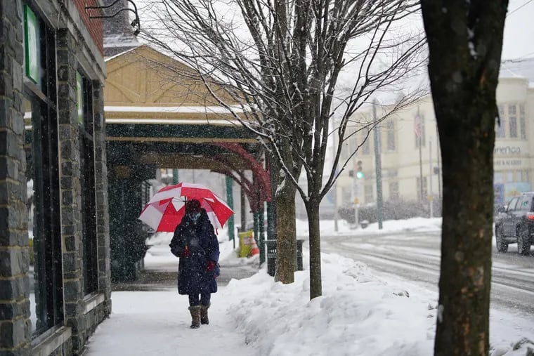 Elizabeth Humphreys walks in the snow in Chestnut Hill on Monday.