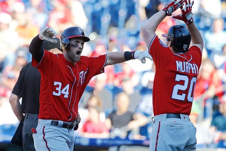 Pennsylvania residents will have to wait until after spring training to bet on Phillies games. But there are a few prop bets on newest Phillie Bryce Harper (left), shown here celebrating during his time with Washington.