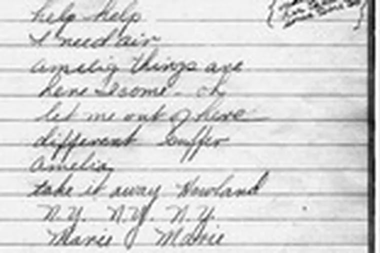 A page from the notebook in which Betty Klenck, 15, recorded words from distress calls she heard - from Earhart, she believes.
