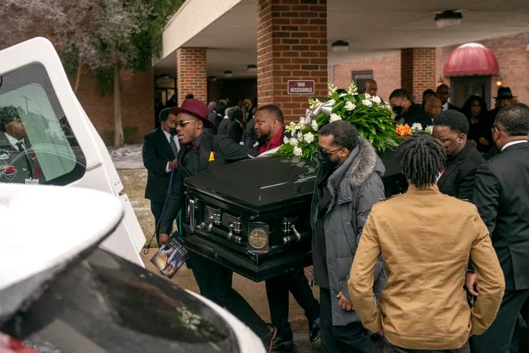 The casket of Tyre Nichols is loaded into a hearse after his memorial at Mississippi Boulevard Christian Church in Memphis on Wednesday.