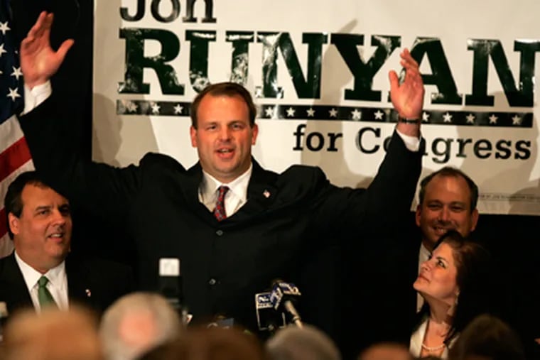 Republican Jon Runyan celebrates Tuesday night after defeating Democrat John Adler in the 3rd Congressional District of New Jersey. (David Swanson / Staff Photographer)