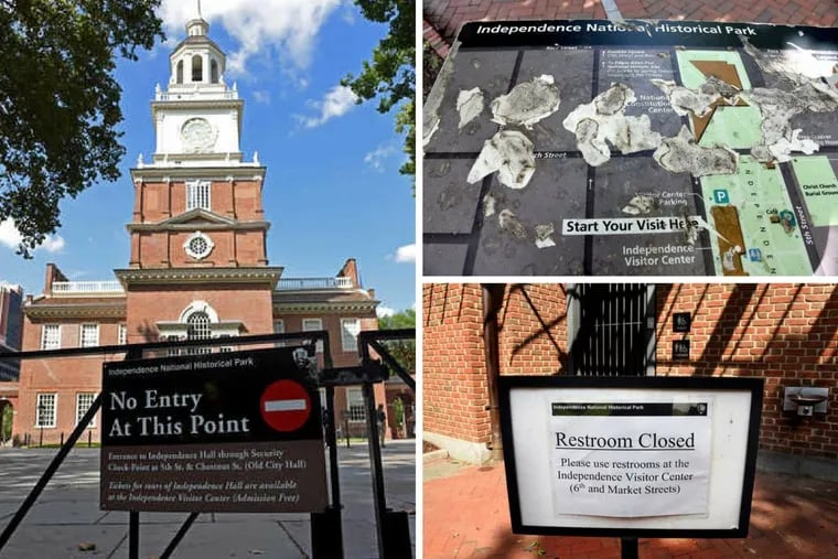 Clockwise from left: “No Entry” sign in the rear of Independence Hall; deteriorated signage on the mall in front of Independence Hall; closed restrooms in front of Independence Hall at Fifth and Chestnut Streets.
