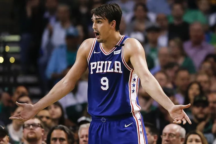 Sixers forward Dario Saric question a foul call during the second-quarter against the Boston Celtics in game five of the Eastern Conference semifinals on Wednesday, May 9, 2018 in Boston.