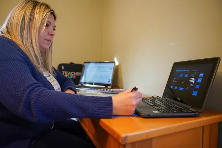 Lauren Nuss, a math teacher at Morgan Village Middle School, working remote in her home in Sicklerville, NJ., on January 14, 2022.