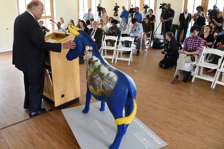Former Pa. Gov. Ed Rendell, chair of the Philadelphia 2016 Host Committee for the Democratic National Convention, touches the Pennsylvania donkey.