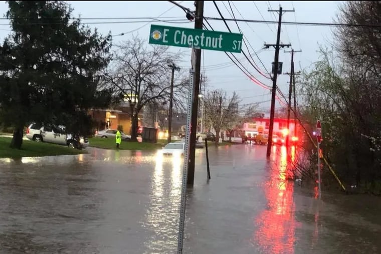 Flooding at East Chestnut Street and Montgomery Avenue in West Chester on Monday, April 16, 2018.