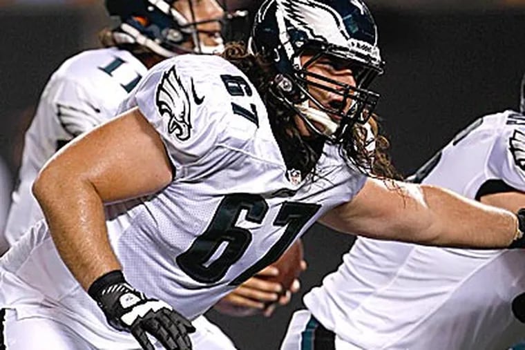 Dennis Kelly could make his first NFL start if Danny Watkins can't go against the Falcons. (Scott Boehm/AP file photo)