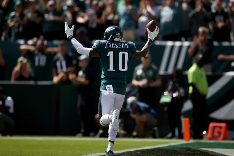 DeSean Jackson celebrates his first of two 50-plus yard touchdowns against the Redskins in the Eagles' 32-27 season-opening win.