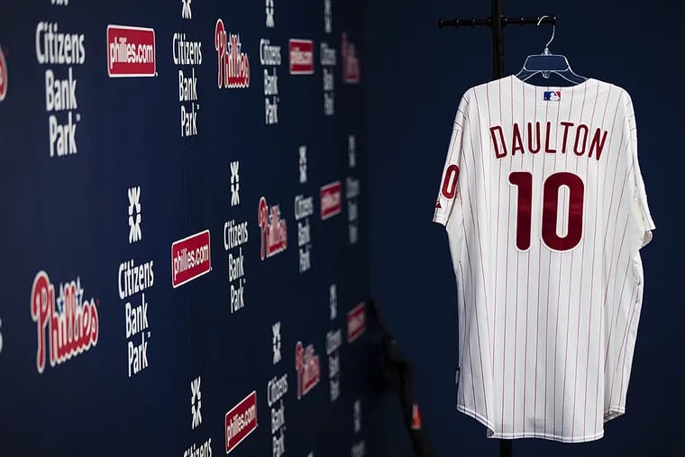 Displayed is a during a Darren Daulton jersey at a news conference in Philadelphia, Monday, Aug. 7, 2017. Darren Daulton, the All-Star catcher who was the leader of the Phillies’ NL championship team in 1993, has died. He was 55.