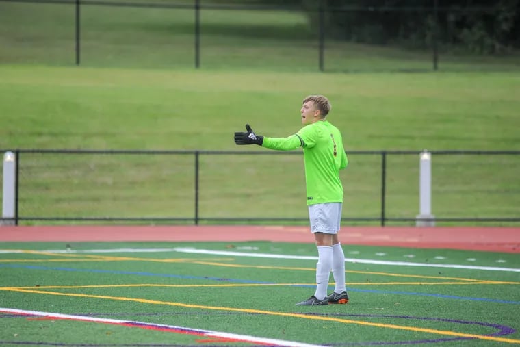 Central Bucks West goalkeeper Dylan Smith questions an officials call during the Central Bucks West and Pennridge soccer game Wednesday, September 12, 2018 at Pennridge High School in Perkasie, Pennsylvania.