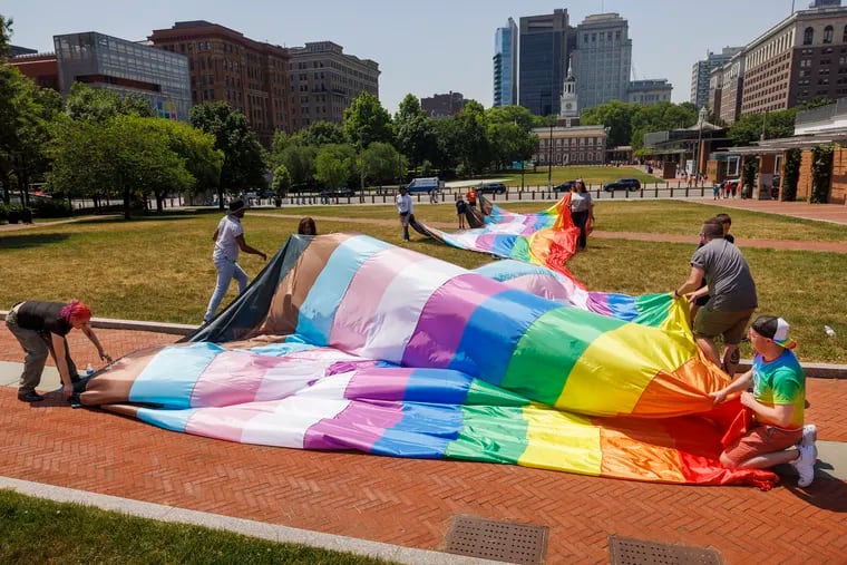 GALAEI unveils a 200-foot LGBTQ Pride flag on Independence Mall at Sixth and Market Streets to kick off Pride month on Friday morning June 2, 2023. “GALAEI is a Queer and Trans, Black, Indigenous, and People of Color (QTBIPOC) radical social justice organization.”