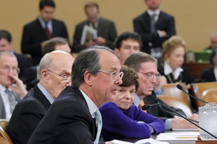 In this Nov. 1, 2011, file photo Erskine Bowles, co-chair of President Obama's Commission on Fiscal Responsibility, foreground, testifies on Capitol Hill in Washington before the  Joint Select Committee on Deficit Reduction (Supercommittee). (AP Photo/J. Scott Applewhite, File)