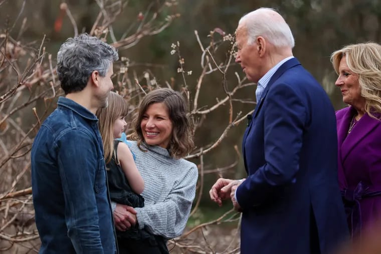 President Joe Biden and First Lady Jill Biden visit with Jack Cunicelli, wife Monica Gagliardi and their daughter Stella, in Rose Valley before a campaign stop., in Rose Valley, Friday, March 8, 2024.