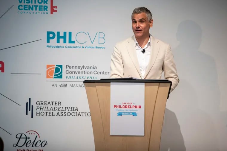 Jeff Guaracino, president & CEO of Visit Philadelphia, spoke during a press conference in May. He died Tuesday after fighting cancer. He was 48.