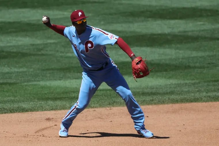 Phillies shortstop Didi Gregorius remains on the sidelines with an injured elbow.