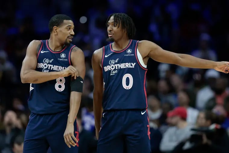 De'Anthony Melton (left) and Tyrese Maxey of the Sixers during the victory against the Los Angeles Lakers on Nov. 27.