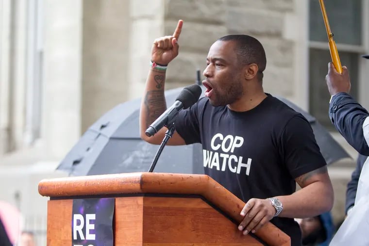 Dr.Marc Lamont Hill Speaks at a Meek Mill rally and sit in, in front of the Criminal Justice Center on 1301 Filbert St. Monday morning on April 16th, Philadelphia. James Blocker / Staff Photographer