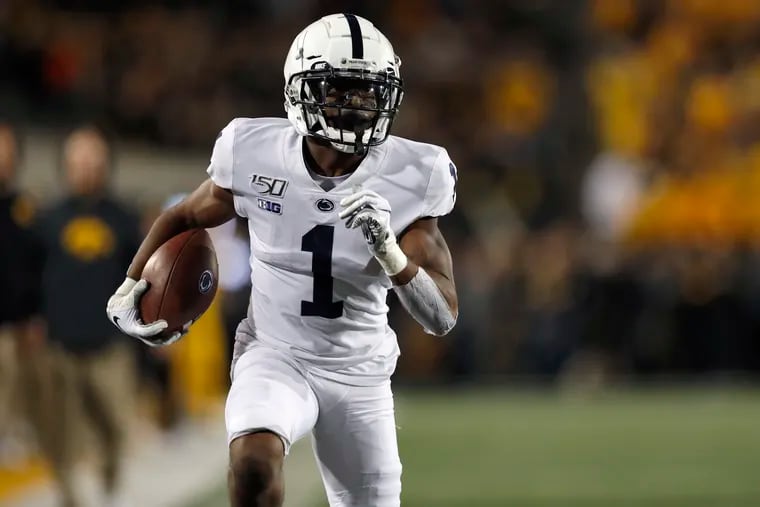 Penn State wide receiver KJ Hamler in his all-white uniform during the team's win against Iowa on Oct. 12. The Nittany Lions will be in all-white Saturday afternoon for the match-up with Michigan State.