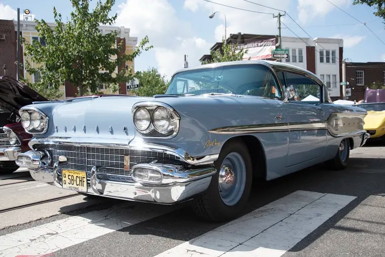 A classic 1958 Pontiac Chieftain is displayed during the 2016 East Passyunk Car Show and Street Festival — with its front New Jersey license plate attached. Pennsylvania is one of 19 states that do not require front license plates.