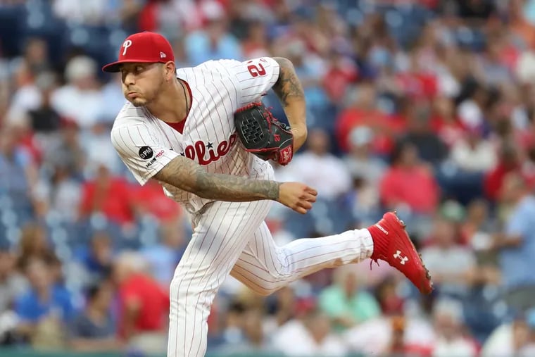 Vince Velasquez of the Phillies pitches against the Giants at Citizens Bank Park on Wednesday.