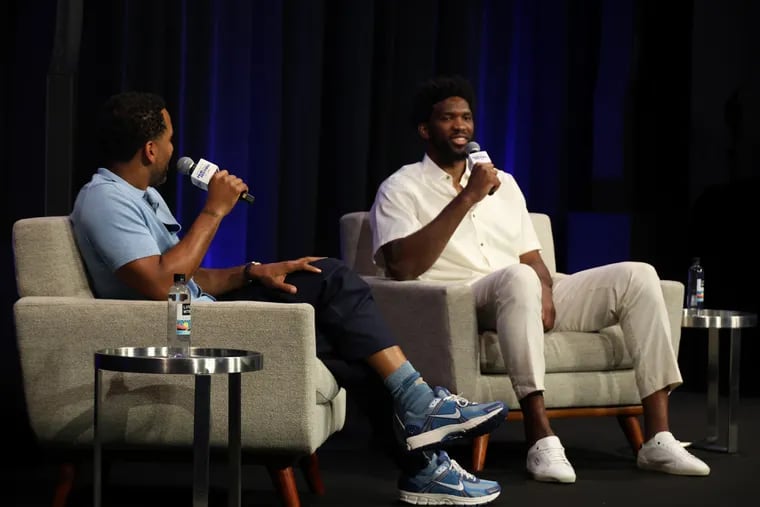HOLLYWOOD, CALIFORNIA - JULY 13: (L-R) Maverick Carter and Joel Embiid speak onstage during UNINTERRUPTED Film Festival 2023 Powered by Tribeca at NeueHouse Hollywood on July 13, 2023 in Hollywood, California. (Photo by Kayla Oaddams/Getty Images for UNINTERRUPTED )