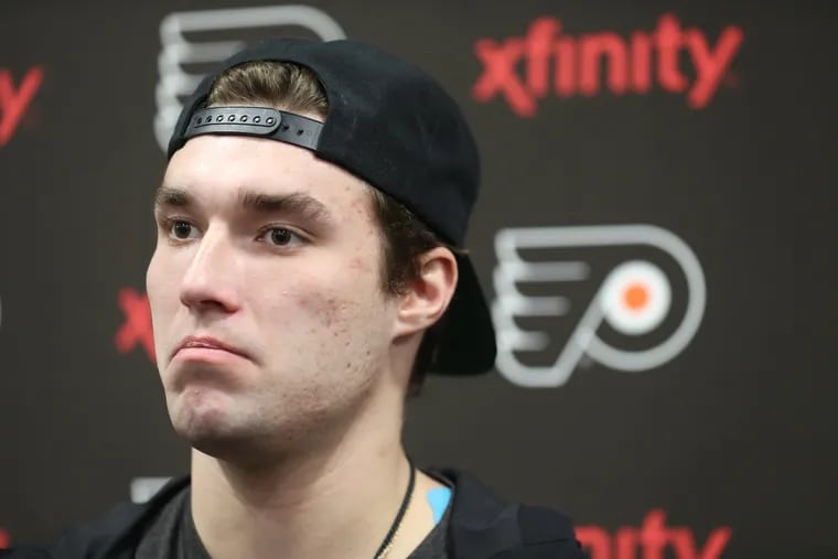 Ivan Provorov speaks as the Flyers clean out their lockers at the Flyers Skate Zone in Voorhees in April 25, 2018.
