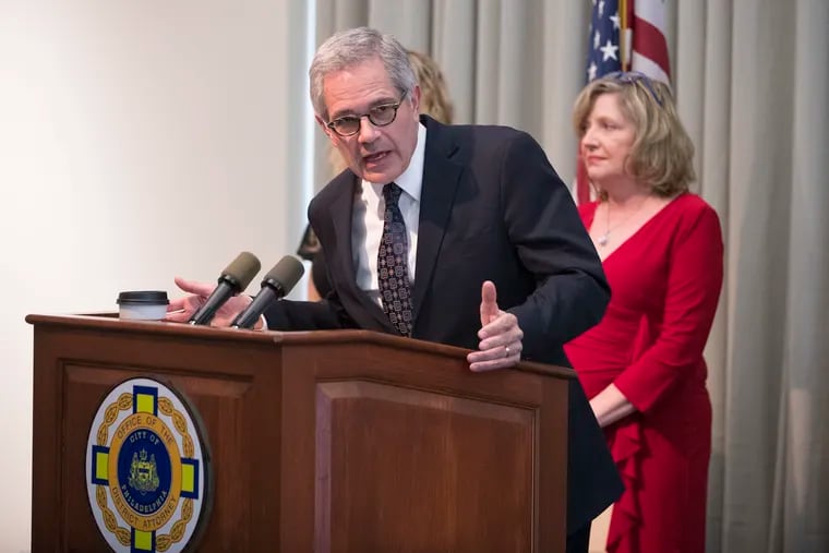 District Attorney Larry Krasner and Assistant District Attorney Dawn Holtz, right, supervisor of the Economic Crimes Unit, announced charges against Hooked Inc. and its two owners for illegal towing practices and fraudulent business practices on April 10, 2019.