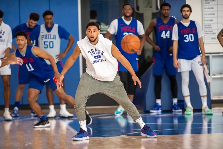 Ben Simmons take the floor during practice on Monday, Oct. 18, 2021., at the Seventy Sixers Practice Facility in Camden, N.J.