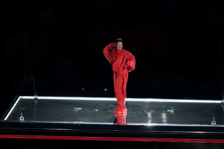 Rihanna performing at the halftime show in Super Bowl LVII  with Philadelphia Eagles against the Kansas City Chiefs at State Farm Stadium on Sunday, Feb. 12, 2023, in Glendale, AZ.