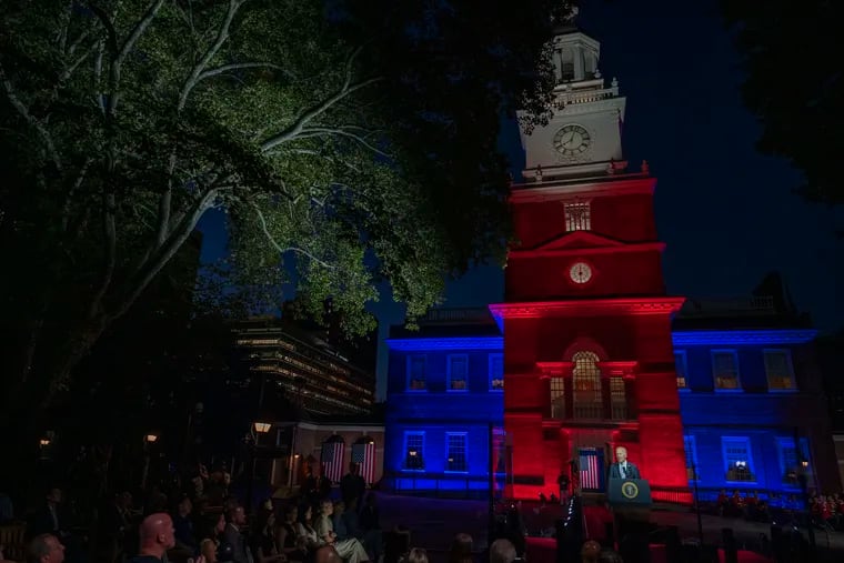 President Biden speaks at Independence Hall Sept. 1, 2022, on his second visit to Pennsylvania in three days. He's delivering a speech near Valley Forge on Saturday that will strike a similar theme, warning of threats former President Donald Trump poses to democracy.